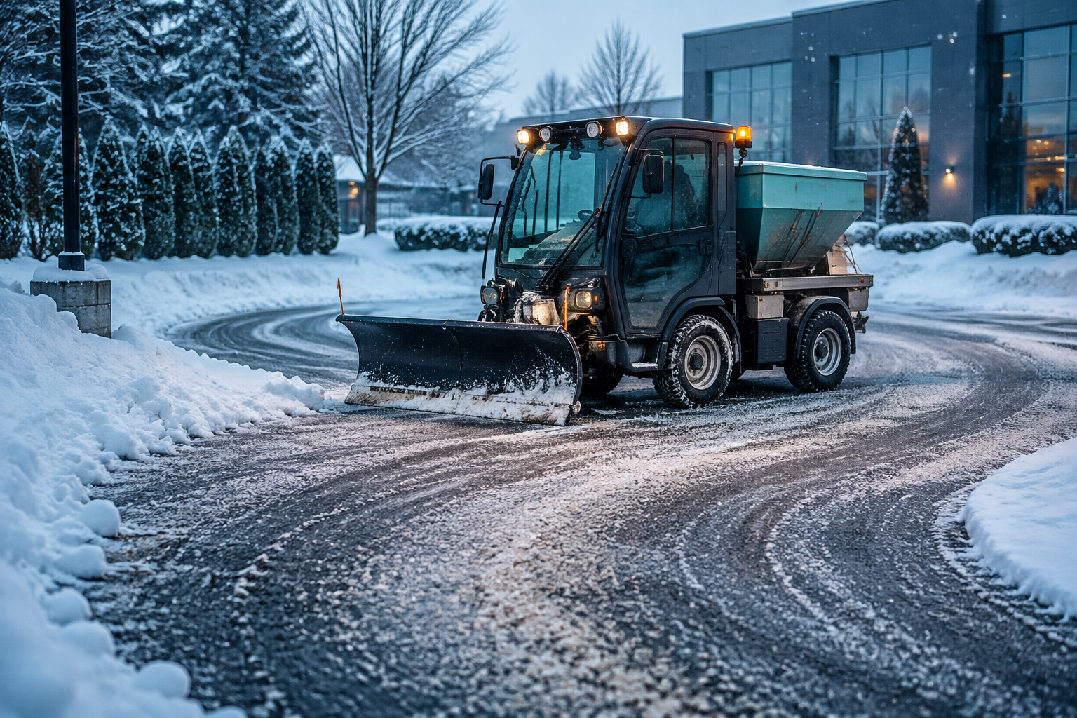 Winterdienstfahrzeug mit Schneepflug und Streugutbehälter