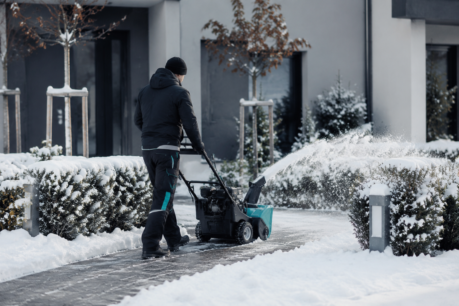Winterdienst-Einsatz im verschneiten Außenbereich