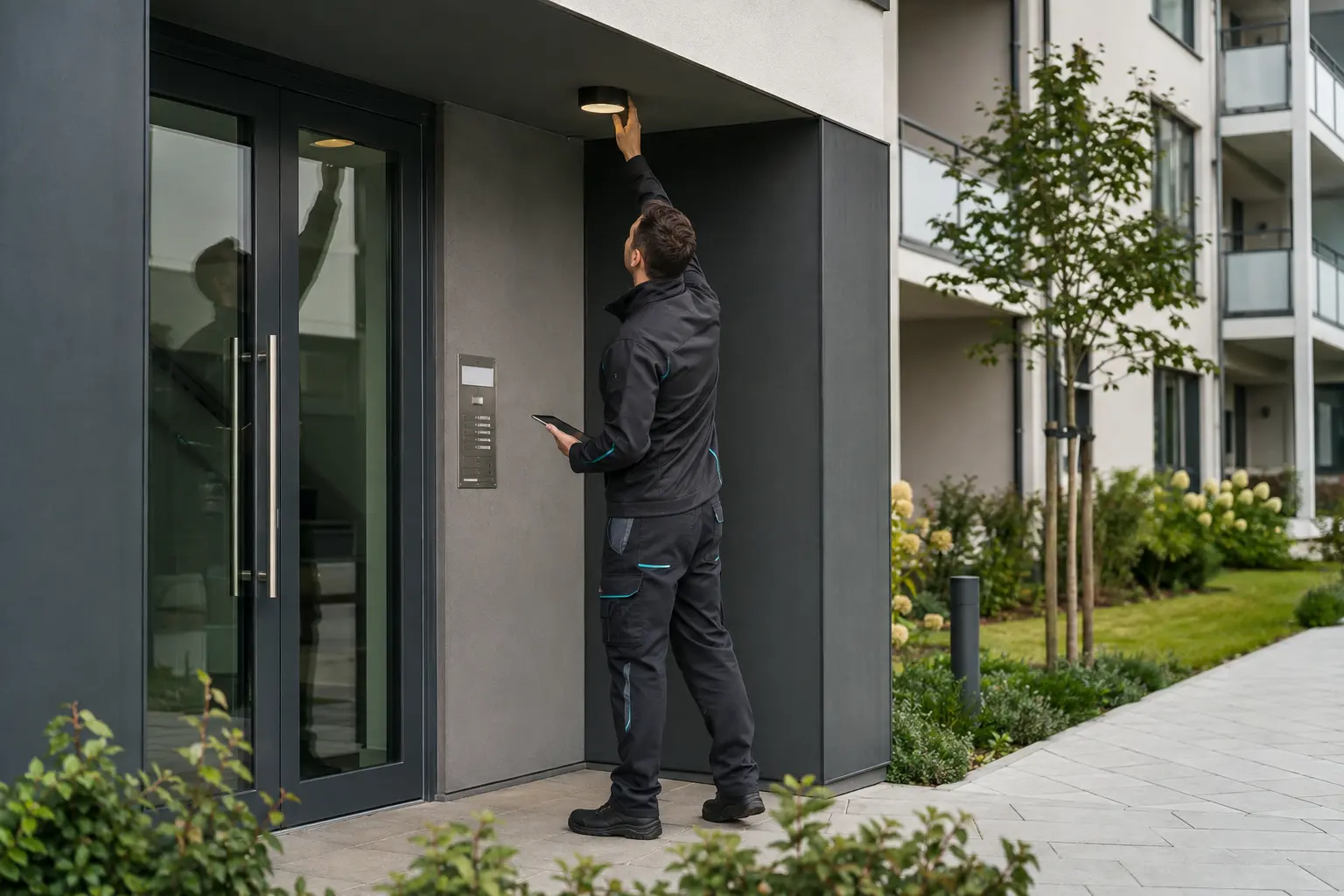 Mitarbeiter bei der Objektkontrolle an einem gepflegten Mehrfamilienhaus