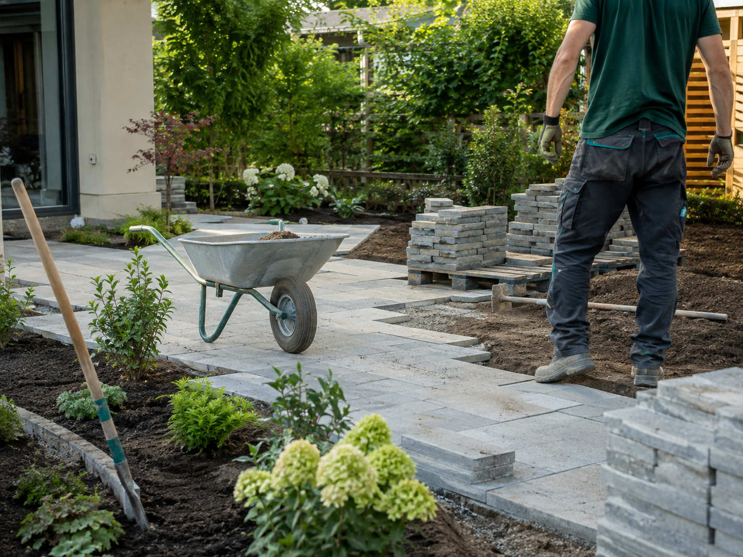 Gartenbau-Baustelle mit vorbereiteten Außenanlagen