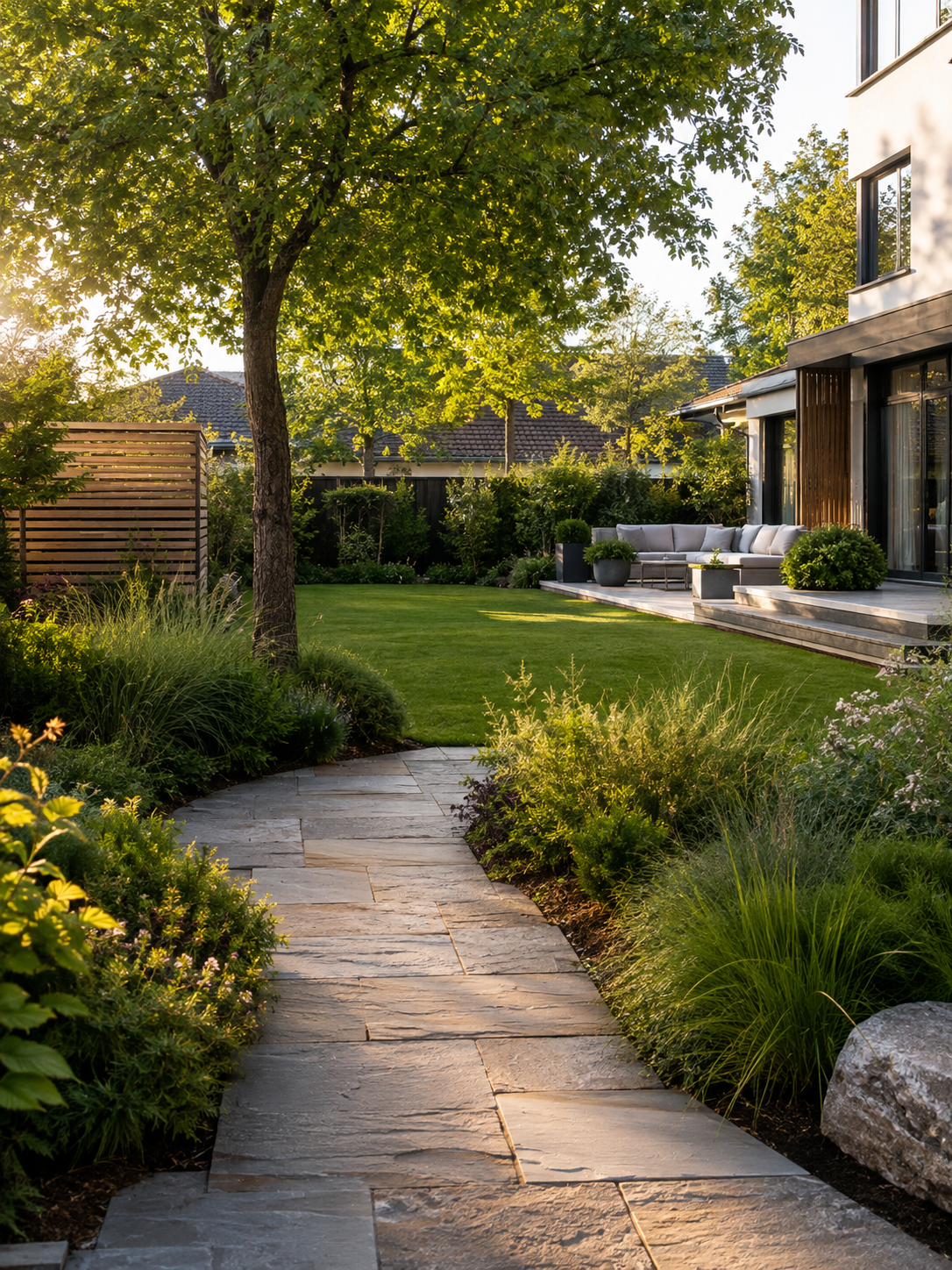 Gepflegte Gartenanlage mit Rasen, Pflanzen und Sitzbereich