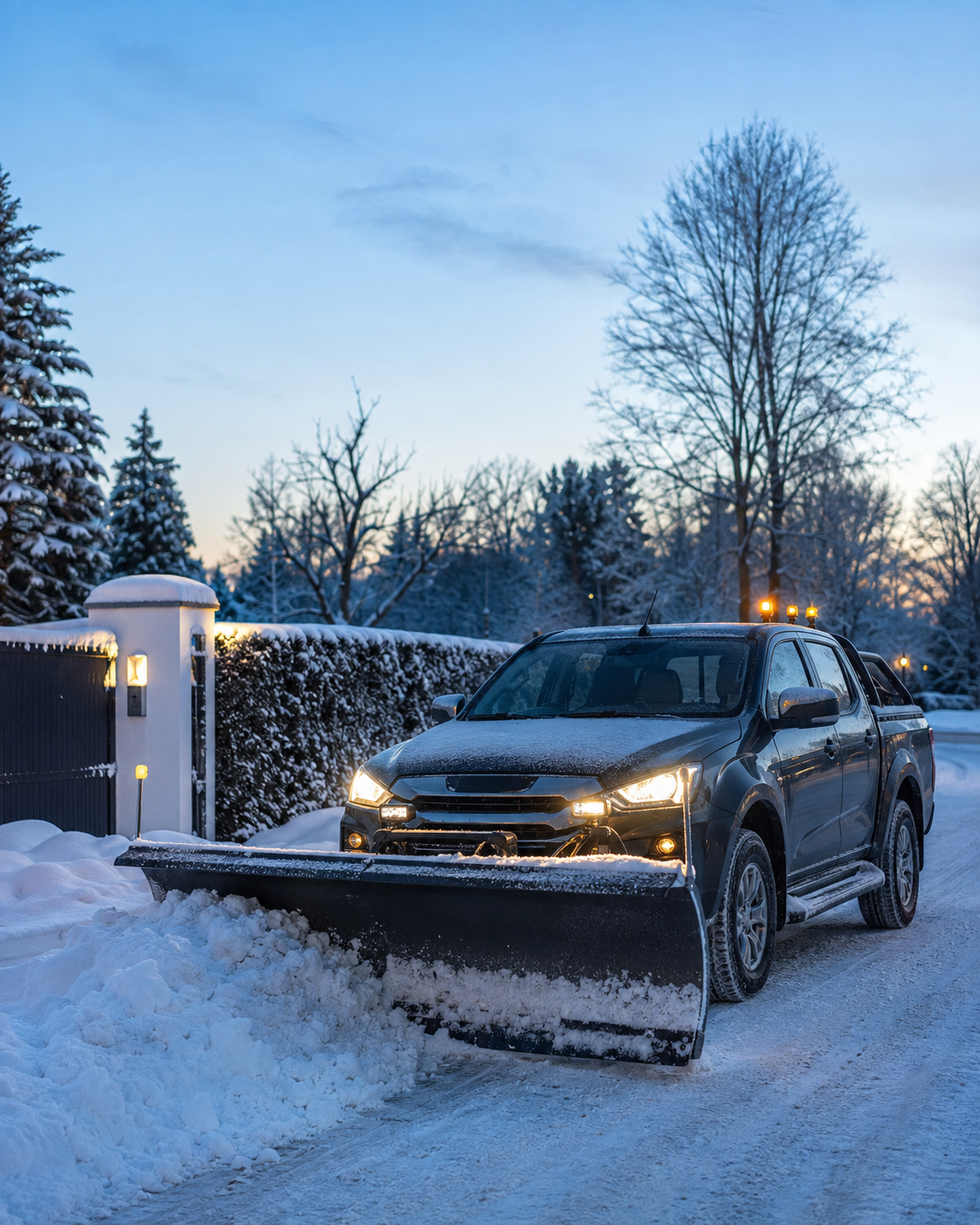 Isuzu D-Max beim Räumen einer verschneiten Zufahrt im Winterdienst