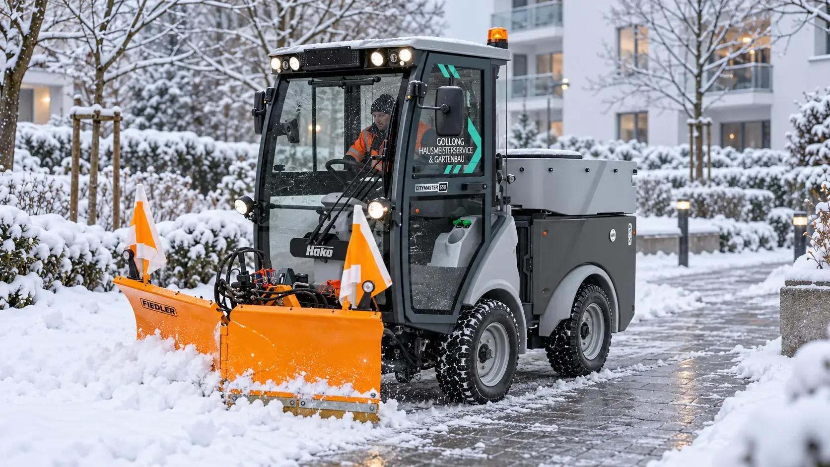 Visualisierung: Hako Citymaster 650 mit Fiedler-Räumschild im Winterdienst