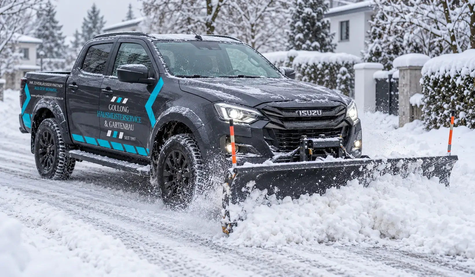 Visualisierung: Gollong Isuzu D-Max beim Räumen einer verschneiten Zufahrt