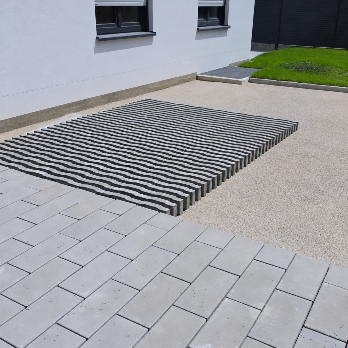 Pflasterarbeiten mit bereits verlegtem grauem Belag und länglichen Steinelementen während der Bauphase